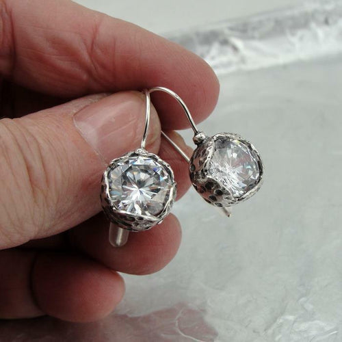 Hadar Designers Handmade 925 Sterling Silver Sparkling White Zircon Earrings (AS