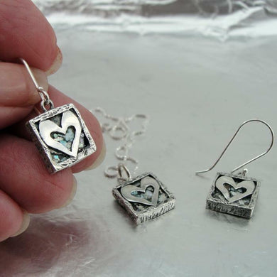 Hadar Designers Handmade 925 Silver Roman Glass Heart Earring Pendant Set (AS