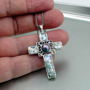 Hadar Designer NEW 925 Sterling Silver Pearl Roman Glass Cross Pendant (AS 50421