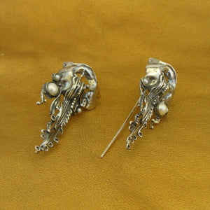 Hadar Designers Long 925 Sterling Silver White Pearl Earrings Handmade Unique (H