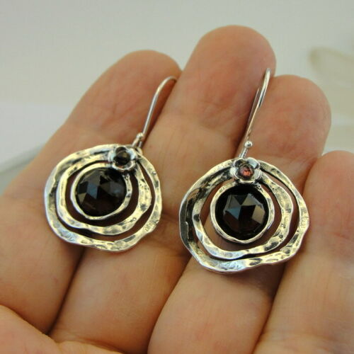 Hadar Designers Sterling Earrings 925 Silver Red Garnet Handmade Hook (L) SALE