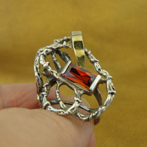 Hadar Designers Garnet Zircon Ring Handmade 9k Yellow Gold 925 Silver 8.5,9 (msY