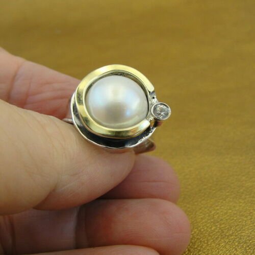 Hadar Designers 9k Yellow Gold 925 Silver Pearl Ring , Handmade (Ms