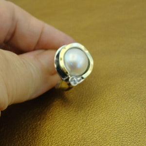 Hadar Designers 9k Yellow Gold 925 Silver Pearl Ring sz 6,7,8,9,10 Handmade (Ms