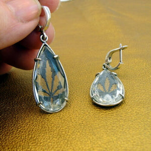 Rock Crystal Earrings 925 Sterling Silver Leaf Handmade Hadar Designers  (H)y