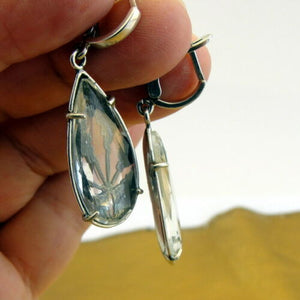 Rock Crystal Earrings 925 Sterling Silver Leaf Handmade Hadar Designers  (H)y