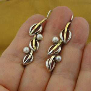 Hadar Designers White Pearl Earrings 9k Yellow Gold 925 Sterling Silver (ms)Y