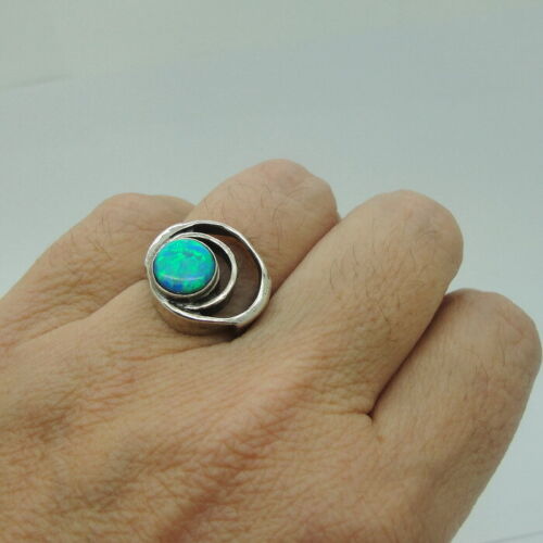Hadar Designers blue opal ring 7, 7.5 handmade 925 sterling silver (h) y