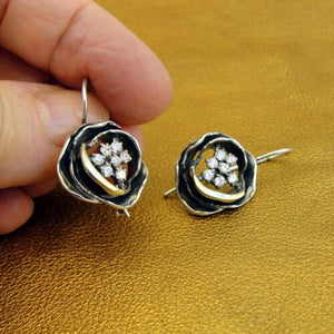Hadar Designers 9k Yellow Gold Zircon Earrings 925 Sterling Silver Handmade (ms)