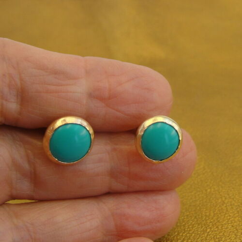 Hadar Designer Turquoise Stud Earrings Handmade 14k Yellow Gold F 10mm Round (v