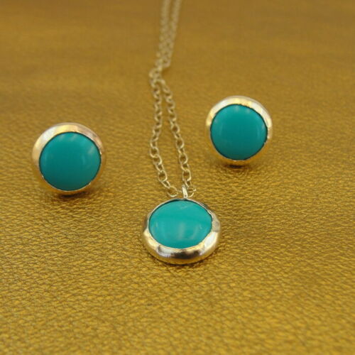 Hadar Designer Turquoise Earrings Pendant Set Handmade 14k Gold F 10mm Round (v