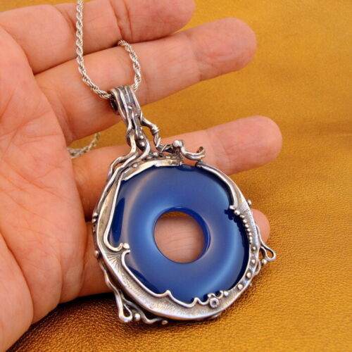 Hadar Designers Blue Agate Pendent Handmade Large Sterling Silver (H 494D) y