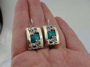 Hadar Designers Turquoise Earrings 9k Yellow Gold 925 Silver Handmade (S 1658)