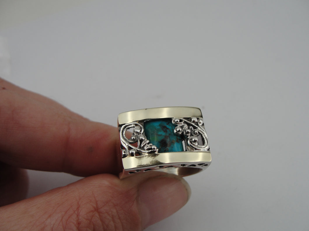 Hadar Designers Turquoise Ring 9k Yellow Gold 925 Silver 6,7,8,9,10 Handmade (S